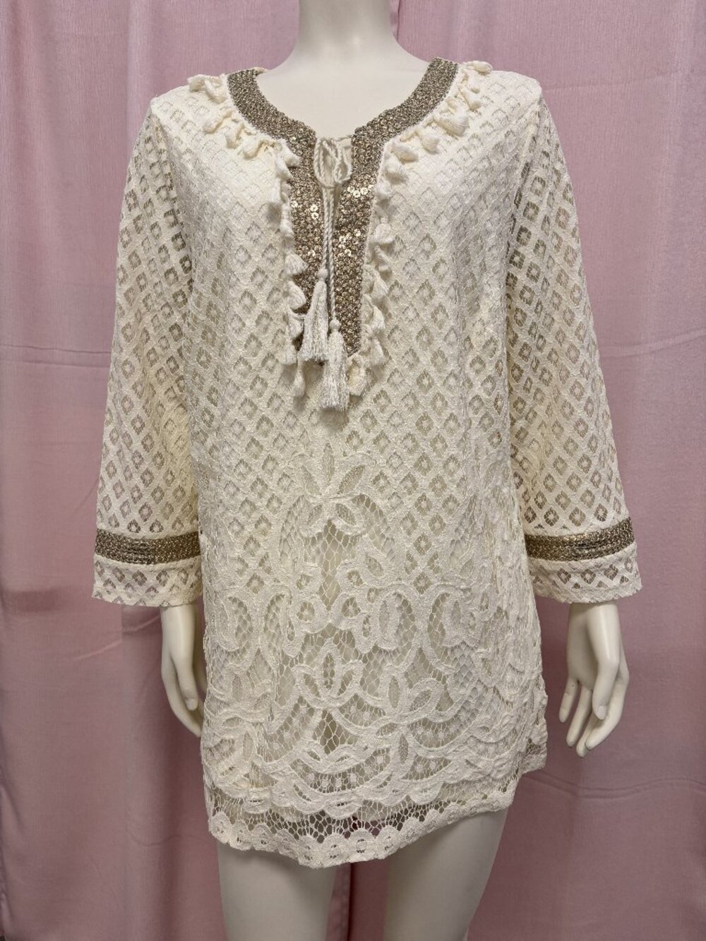 Charter Club Medium Ivory Lace Tunic Top Metallic Gold Tassel Boho Blouse